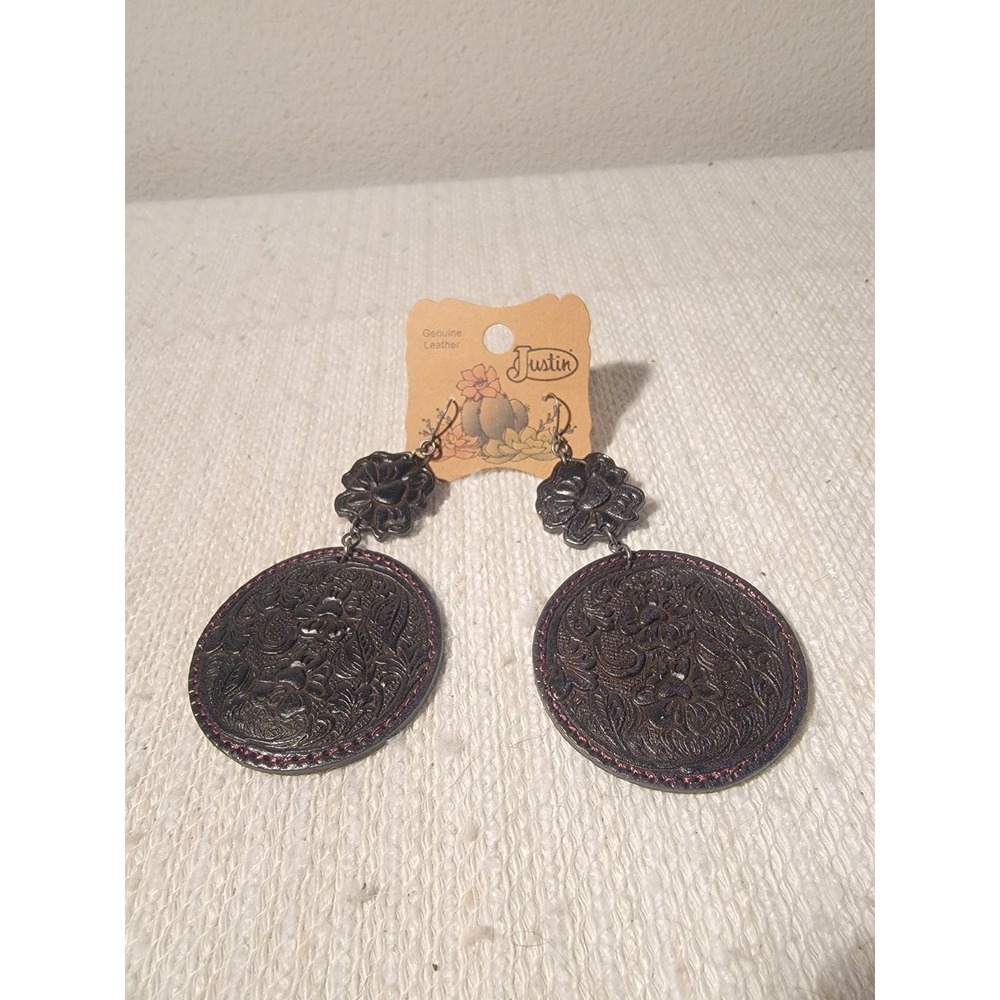 Justin Western Embossed Tooled Genuine Leather Dangle‎ Earrings Round 2" NWT